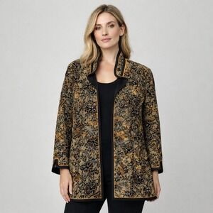 Coldwater Creek Women L Embroidered Floral Reversible Kimono Jacket Gold Black